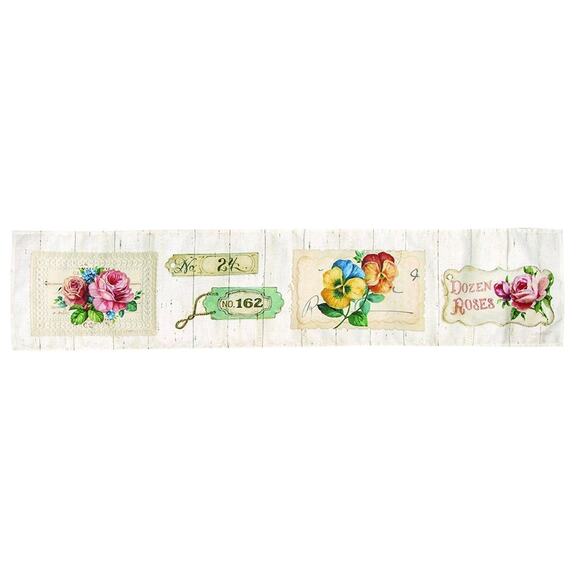 Garden Flower Market Table Runner Topper Dozen Roses Pansies Woven White NEW - Picture 1 of 5